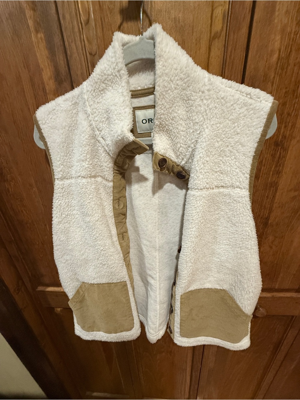 Orvis Cream Sherpa Vest with Tan Corduroy Accents L